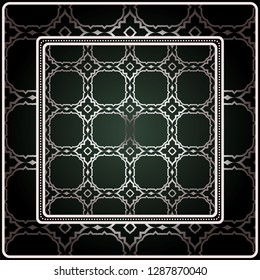 Background, Geometric Pattern With Ornate Lace Frame. Illustration. For Scarf Print, Fabric, Covers, Scrapbooking, Bandana, Pareo, Shawl. Silver. dark grey, green color color.