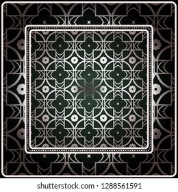 Background, Geometric Pattern With Ornate Lace Frame. Illustration. For Scarf Print, Fabric, Covers, Scrapbooking, Bandana, Pareo, Shawl. Silver. dark grey, green color color.