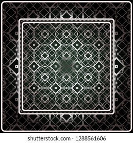 Background, Geometric Pattern With Ornate Lace Frame. Illustration. For Scarf Print, Fabric, Covers, Scrapbooking, Bandana, Pareo, Shawl. Silver. dark grey, green color color.