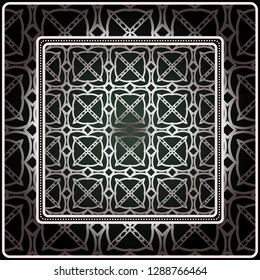 Background, Geometric Pattern With Ornate Lace Frame. Illustration. For Scarf Print, Fabric, Covers, Scrapbooking, Bandana, Pareo, Shawl. Silver. dark grey, green color color.