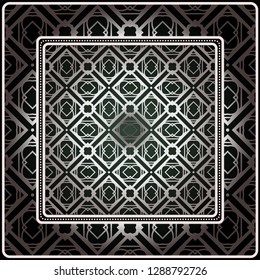Background, Geometric Pattern With Ornate Lace Frame. Illustration. For Scarf Print, Fabric, Covers, Scrapbooking, Bandana, Pareo, Shawl. Silver. dark grey, green color color.