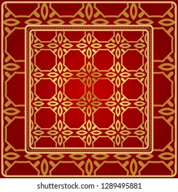 Background, Geometric Pattern With Ornate Lace Frame. Illustration. For Scarf Print, Fabric, Covers, Scrapbooking, Bandana, Pareo, Shawl. Red golden color