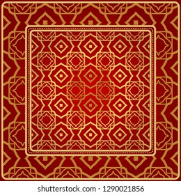 Background, Geometric Pattern With Ornate Lace Frame. Illustration. For Scarf Print, Fabric, Covers, Scrapbooking, Bandana, Pareo, Shawl. Red golden color