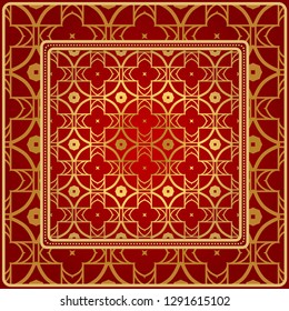 Background, Geometric Pattern With Ornate Lace Frame. Illustration. For Scarf Print, Fabric, Covers, Scrapbooking, Bandana, Pareo, Shawl. Red golden color