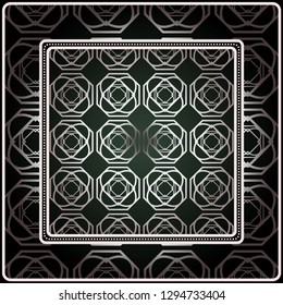 Background, Geometric Pattern With Ornate Lace Frame. Illustration. For Scarf Print, Fabric, Covers, Scrapbooking, Bandana, Pareo, Shawl. Silver. dark grey, green color color.