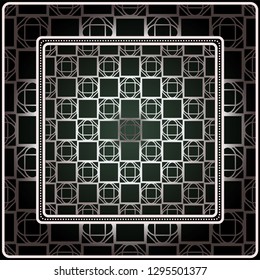Background, Geometric Pattern With Ornate Lace Frame. Illustration. For Scarf Print, Fabric, Covers, Scrapbooking, Bandana, Pareo, Shawl. Silver. dark grey, green color color.