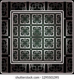 Background, Geometric Pattern With Ornate Lace Frame. Illustration. For Scarf Print, Fabric, Covers, Scrapbooking, Bandana, Pareo, Shawl. Silver. dark grey, green color color.