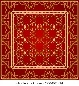 Background, Geometric Pattern With Ornate Lace Frame. Illustration. For Scarf Print, Fabric, Covers, Scrapbooking, Bandana, Pareo, Shawl. Red golden color