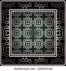 Background, Geometric Pattern With Ornate Lace Frame. Illustration. For Scarf Print, Fabric, Covers, Scrapbooking, Bandana, Pareo, Shawl. Silver. dark grey, green color color.