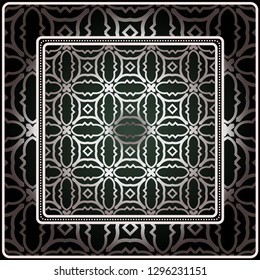 Background, Geometric Pattern With Ornate Lace Frame. Illustration. For Scarf Print, Fabric, Covers, Scrapbooking, Bandana, Pareo, Shawl. Silver. dark grey, green color color.