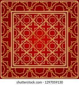 Background, Geometric Pattern With Ornate Lace Frame. Illustration. For Scarf Print, Fabric, Covers, Scrapbooking, Bandana, Pareo, Shawl. Red golden color