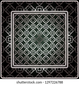 Background, Geometric Pattern With Ornate Lace Frame. Illustration. For Scarf Print, Fabric, Covers, Scrapbooking, Bandana, Pareo, Shawl. Silver. dark grey, green color color.