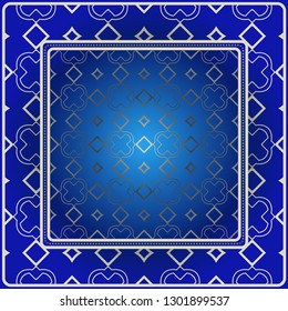 Background, Geometric Pattern With Ornate Lace Frame. Illustration. For Scarf Print, Fabric, Covers, Scrapbooking, Bandana, Pareo, Shawl. Blue silver color.