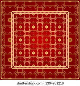 Background, Geometric Pattern With Ornate Lace Frame. Illustration. For Scarf Print, Fabric, Covers, Scrapbooking, Bandana, Pareo, Shawl. Red golden color