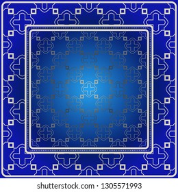 Background, Geometric Pattern With Ornate Lace Frame. Illustration. For Scarf Print, Fabric, Covers, Scrapbooking, Bandana, Pareo, Shawl. Blue silver color.