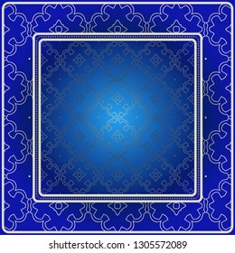 Background, Geometric Pattern With Ornate Lace Frame. Illustration. For Scarf Print, Fabric, Covers, Scrapbooking, Bandana, Pareo, Shawl. Blue silver color.