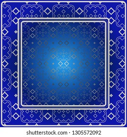 Background, Geometric Pattern With Ornate Lace Frame. Illustration. For Scarf Print, Fabric, Covers, Scrapbooking, Bandana, Pareo, Shawl. Blue silver color.