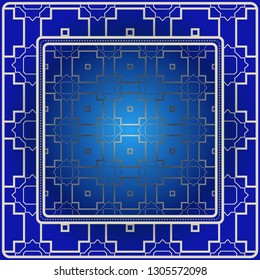 Background, Geometric Pattern With Ornate Lace Frame. Illustration. For Scarf Print, Fabric, Covers, Scrapbooking, Bandana, Pareo, Shawl. Blue silver color.