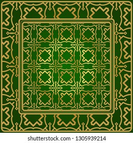 Background, Geometric Pattern With Ornate Lace Frame. Illustration. For Scarf Print, Fabric, Covers, Scrapbooking, Bandana, Pareo, Shawl. Green gold color.