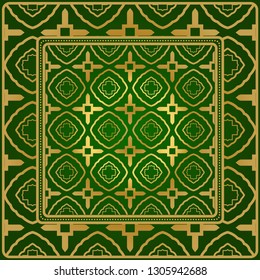 Background, Geometric Pattern With Ornate Lace Frame. Illustration. For Scarf Print, Fabric, Covers, Scrapbooking, Bandana, Pareo, Shawl. Green gold color.