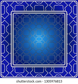 Background, Geometric Pattern With Ornate Lace Frame. Illustration. For Scarf Print, Fabric, Covers, Scrapbooking, Bandana, Pareo, Shawl. Blue silver color.