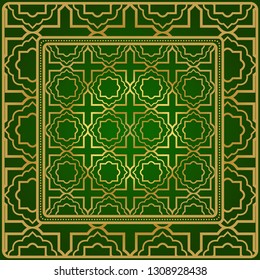 Background, Geometric Pattern With Ornate Lace Frame. Illustration. For Scarf Print, Fabric, Covers, Scrapbooking, Bandana, Pareo, Shawl. Green gold color.
