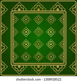 Background, Geometric Pattern With Ornate Lace Frame. Illustration. For Scarf Print, Fabric, Covers, Scrapbooking, Bandana, Pareo, Shawl. Green gold color.