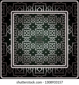 Background, Geometric Pattern With Ornate Lace Frame. Illustration. For Scarf Print, Fabric, Covers, Scrapbooking, Bandana, Pareo, Shawl. Silver. dark grey, green color color.