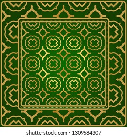 Background, Geometric Pattern With Ornate Lace Frame. Illustration. For Scarf Print, Fabric, Covers, Scrapbooking, Bandana, Pareo, Shawl. Green gold color.