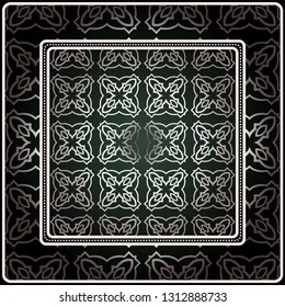 Background, Geometric Pattern With Ornate Lace Frame. Illustration. For Scarf Print, Fabric, Covers, Scrapbooking, Bandana, Pareo, Shawl. Silver. dark grey, green color color.