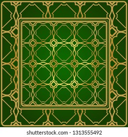 Background, Geometric Pattern With Ornate Lace Frame. Illustration. For Scarf Print, Fabric, Covers, Scrapbooking, Bandana, Pareo, Shawl. Green gold color.
