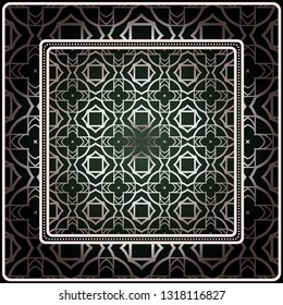Background, Geometric Pattern With Ornate Lace Frame. Illustration. For Scarf Print, Fabric, Covers, Scrapbooking, Bandana, Pareo, Shawl. Silver. dark grey, green color color.