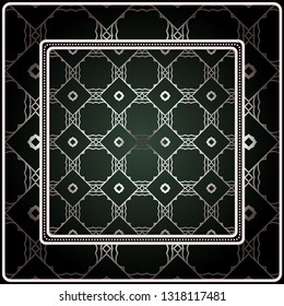 Background, Geometric Pattern With Ornate Lace Frame. Illustration. For Scarf Print, Fabric, Covers, Scrapbooking, Bandana, Pareo, Shawl. Silver. dark grey, green color color.