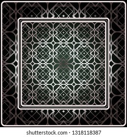 Background, Geometric Pattern With Ornate Lace Frame. Illustration. For Scarf Print, Fabric, Covers, Scrapbooking, Bandana, Pareo, Shawl. Silver. dark grey, green color color.