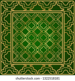 Background, Geometric Pattern With Ornate Lace Frame. Illustration. For Scarf Print, Fabric, Covers, Scrapbooking, Bandana, Pareo, Shawl. Green gold color.