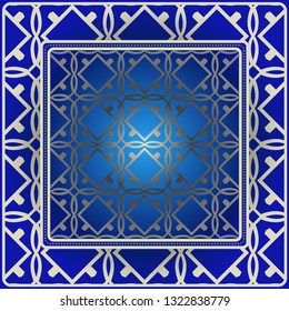 Background, Geometric Pattern With Ornate Lace Frame. Illustration. For Scarf Print, Fabric, Covers, Scrapbooking, Bandana, Pareo, Shawl. Blue silver color.