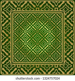 Background, Geometric Pattern With Ornate Lace Frame. Illustration. For Scarf Print, Fabric, Covers, Scrapbooking, Bandana, Pareo, Shawl. Green gold color.