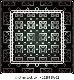 Background, Geometric Pattern With Ornate Lace Frame. Illustration. For Scarf Print, Fabric, Covers, Scrapbooking, Bandana, Pareo, Shawl. Silver. dark grey, green color color.