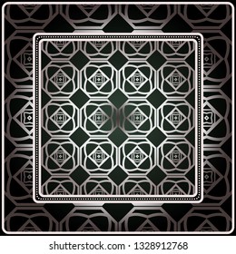 Background, Geometric Pattern With Ornate Lace Frame. Illustration. For Scarf Print, Fabric, Covers, Scrapbooking, Bandana, Pareo, Shawl. Silver. dark grey, green color color.