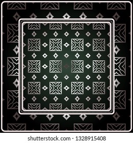 Background, Geometric Pattern With Ornate Lace Frame. Illustration. For Scarf Print, Fabric, Covers, Scrapbooking, Bandana, Pareo, Shawl. Silver. dark grey, green color color.