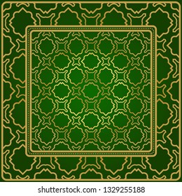 Background, Geometric Pattern With Ornate Lace Frame. Illustration. For Scarf Print, Fabric, Covers, Scrapbooking, Bandana, Pareo, Shawl. Green gold color.