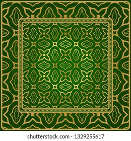 Background, Geometric Pattern With Ornate Lace Frame. Illustration. For Scarf Print, Fabric, Covers, Scrapbooking, Bandana, Pareo, Shawl. Green gold color.
