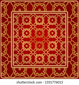 Background, Geometric Pattern With Ornate Lace Frame. Illustration. For Scarf Print, Fabric, Covers, Scrapbooking, Bandana, Pareo, Shawl. Red golden color