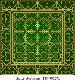 Background, Geometric Pattern With Ornate Lace Frame. Illustration. For Scarf Print, Fabric, Covers, Scrapbooking, Bandana, Pareo, Shawl. Green gold color.