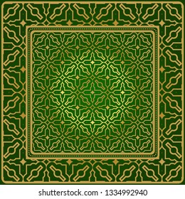 Background, Geometric Pattern With Ornate Lace Frame. Illustration. For Scarf Print, Fabric, Covers, Scrapbooking, Bandana, Pareo, Shawl. Green gold color.