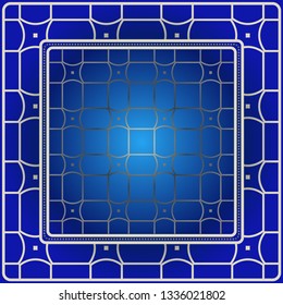 Background, Geometric Pattern With Ornate Lace Frame. Illustration. For Scarf Print, Fabric, Covers, Scrapbooking, Bandana, Pareo, Shawl. Blue silver color.