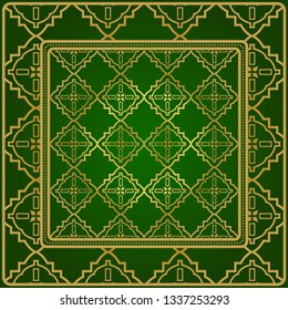 Background, Geometric Pattern With Ornate Lace Frame. Illustration. For Scarf Print, Fabric, Covers, Scrapbooking, Bandana, Pareo, Shawl. Green gold color.