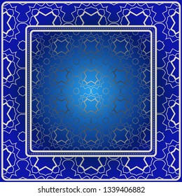 Background, Geometric Pattern With Ornate Lace Frame. Illustration. For Scarf Print, Fabric, Covers, Scrapbooking, Bandana, Pareo, Shawl. Blue silver color.