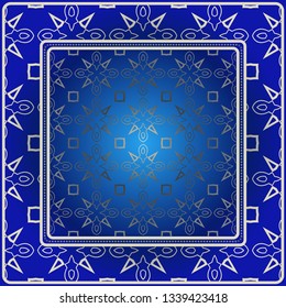 Background, Geometric Pattern With Ornate Lace Frame. Illustration. For Scarf Print, Fabric, Covers, Scrapbooking, Bandana, Pareo, Shawl. Blue silver color.