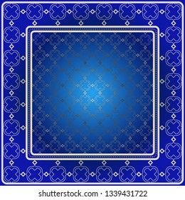 Background, Geometric Pattern With Ornate Lace Frame. Illustration. For Scarf Print, Fabric, Covers, Scrapbooking, Bandana, Pareo, Shawl. Blue silver color.
